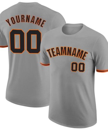 Custom Gray Black-Orange Performance T-Shirt, For Football, Baseball, Hockey, Basketball, Softball & Rugby Fans