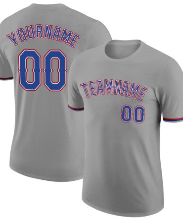Custom Gray Royal-Red Performance T-Shirt, For Football, Baseball, Hockey, Basketball, Softball & Rugby Fans