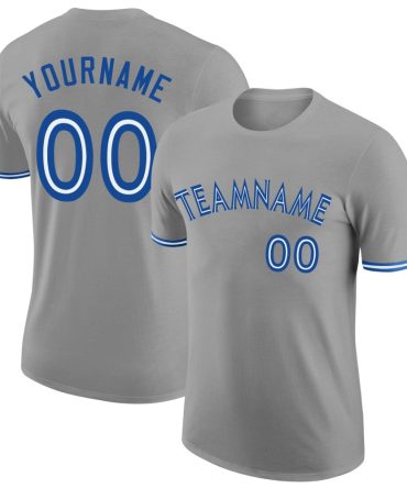 Custom Gray White-Royal Performance T-Shirt, For Football, Baseball, Hockey, Basketball, Softball & Rugby Fans