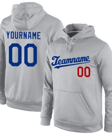 Custom Gray Royal-Red Sports Pullover Sweatshirt Hoodie, Gift For Football, Baseball, Hockey, Basketball, Softball & Rugby Fans
