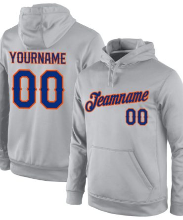 Custom Gray Royal-Orange Sports Pullover Sweatshirt Hoodie, Gift For Football, Baseball, Hockey, Basketball, Softball & Rugby Fans