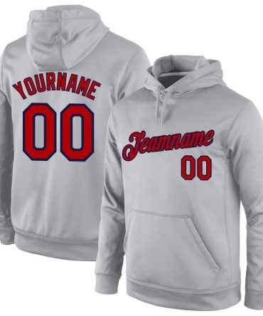 Custom Gray Red-Navy Sports Pullover Sweatshirt Hoodie, Gift For Football, Baseball, Hockey, Basketball, Softball & Rugby Fans