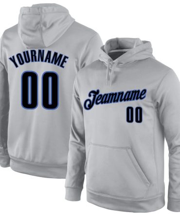 Custom Gray Black-Blue Sports Pullover Sweatshirt Hoodie, Gift For Football, Baseball, Hockey, Basketball, Softball & Rugby Fans