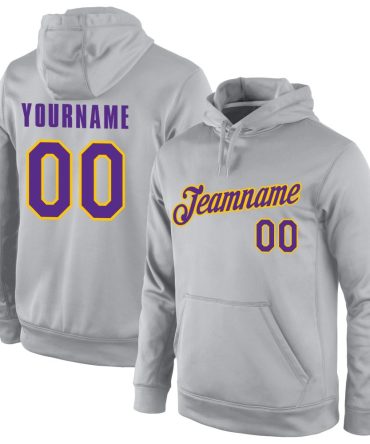 Custom Gray Purple-Gold Sports Pullover Sweatshirt Hoodie, Gift For Football, Baseball, Hockey, Basketball, Softball & Rugby Fans
