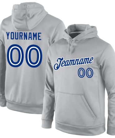 Custom Gray Royal-White Sports Pullover Sweatshirt Hoodie, Gift For Football, Baseball, Hockey, Basketball, Softball & Rugby Fans