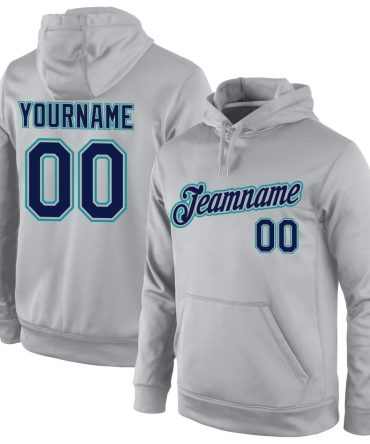 Custom Gray Navy-Aqua Sports Pullover Sweatshirt Hoodie, Gift For Football, Baseball, Hockey, Basketball, Softball & Rugby Fans