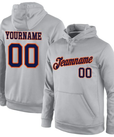 Custom Gray Navy-Orange Sports Pullover Sweatshirt Hoodie, Gift For Football, Baseball, Hockey, Basketball, Softball & Rugby Fans