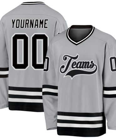 Custom Gray Black-White Hockey Jersey, Gift For Hockey Fans