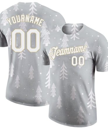 Custom Gray White-Old Gold Christmas 3D Performance T-Shirt, For Football, Baseball, Hockey, Basketball, Softball & Rugby Fans