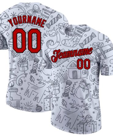 Custom Gray Red-Black Christmas 3D Performance T-Shirt, For Football, Baseball, Hockey, Basketball, Softball & Rugby Fans