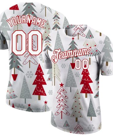 Custom Gray White-Red Christmas 3D Performance T-Shirt, For Football, Baseball, Hockey, Basketball, Softball & Rugby Fans