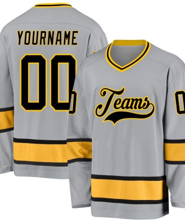 Custom Gray Black-Gold Hockey Jersey, Gift For Hockey Fans