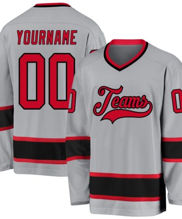Custom Gray Red-Black Hockey Jersey, Gift For Hockey Fans