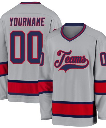 Custom Gray Navy-Red Hockey Jersey, Gift For Hockey Fans