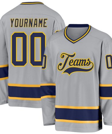 Custom Gray Navy-Gold Hockey Jersey, Gift For Hockey Fans