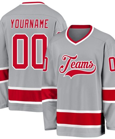 Custom Gray Red-White Hockey Jersey, Gift For Hockey Fans