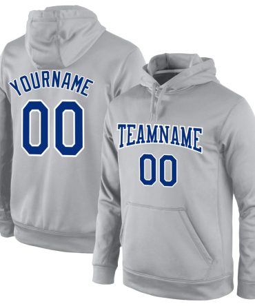 Custom Gray Royal Sports Pullover Sweatshirt Hoodie, Gift For Football, Baseball, Hockey, Basketball, Softball & Rugby Fans