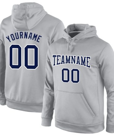 Custom Gray Navy-White Sports Pullover Sweatshirt Hoodie, Gift For Football, Baseball, Hockey, Basketball, Softball & Rugby Fans