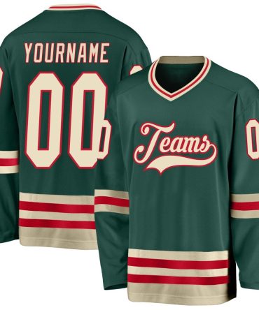 Custom Green Cream-Red Hockey Jersey, Gift For Hockey Fans