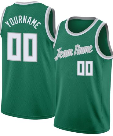 Custom Kelly Green White-Gray Round Neck Rib-Knit Basketball Jersey, Gift For Basketball Fans
