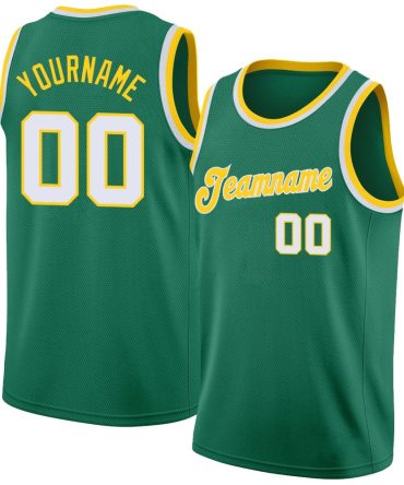 Custom Kelly Green White-Gold Round Neck Rib-Knit Basketball Jersey, Gift For Basketball Fans