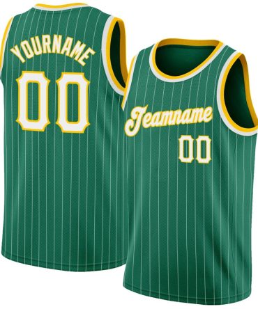 Custom Kelly Green White Pinstripe White-Gold Basketball Jersey, Gift For Basketball Fans