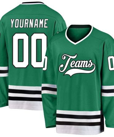 Custom Kelly Green White-Black Hockey Jersey, Gift For Hockey Fans