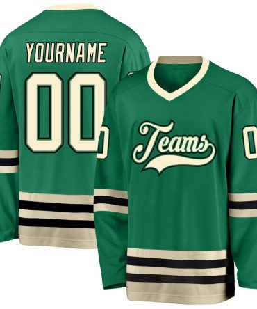 Custom Kelly Green Cream-Black Hockey Jersey, Gift For Hockey Fans