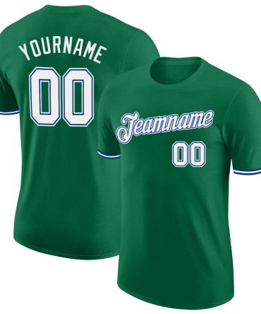 Custom Kelly Green White-Royal Performance T-Shirt, For Football, Baseball, Hockey, Basketball, Softball & Rugby Fans