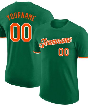 Custom Kelly Green Orange-White Performance T-Shirt, For Football, Baseball, Hockey, Basketball, Softball & Rugby Fans