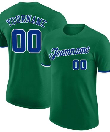 Custom Kelly Green Royal-White Performance T-Shirt, For Football, Baseball, Hockey, Basketball, Softball & Rugby Fans