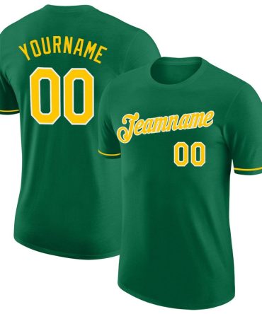Custom Kelly Green Gold-White Performance T-Shirt, For Football, Baseball, Hockey, Basketball, Softball & Rugby Fans