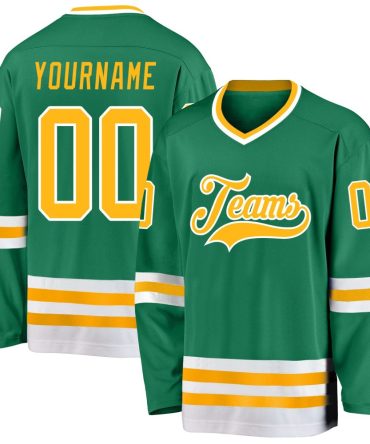 Custom Kelly Green Gold-White Hockey Jersey, Gift For Hockey Fans