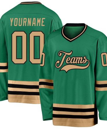 Custom Kelly Green Old Gold-Black Hockey Jersey, Gift For Hockey Fans