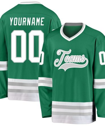 Custom Kelly Green White-Gray Hockey Jersey, Gift For Hockey Fans