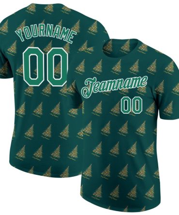 Custom Kelly Green Kelly Green-White Christmas 3D Performance T-Shirt, For Football, Baseball, Hockey, Basketball, Softball & Rugby Fans