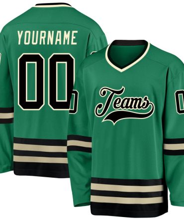 Custom Kelly Green Black-Cream Hockey Jersey, Gift For Hockey Fans