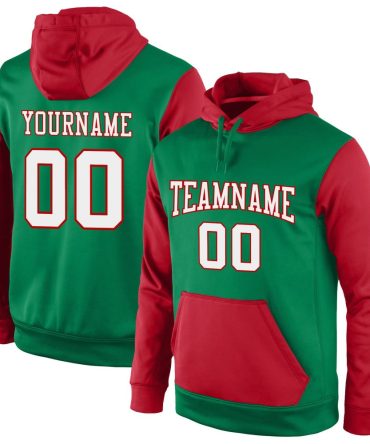 Custom Kelly Green White-Red Sports Pullover Sweatshirt Hoodie, Gift For Football, Baseball, Hockey, Basketball, Softball & Rugby Fans