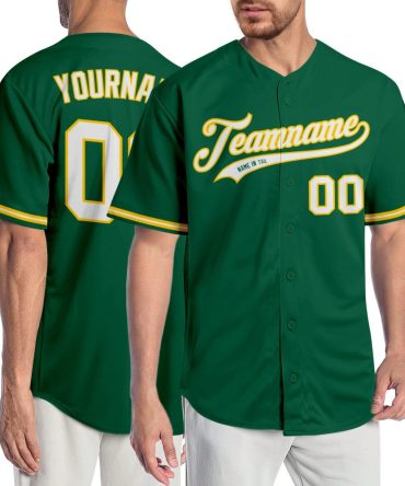Custom Kelly Green White-Gold Baseball Jersey, Gift For Baseball Fans