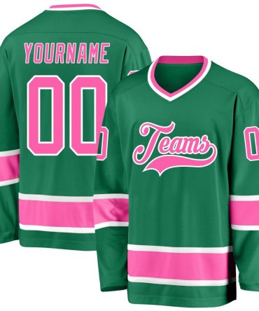 Custom Kelly Green Pink-White Hockey Jersey, Gift For Hockey Fans