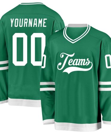 Custom Kelly Green White Hockey Jersey, Gift For Hockey Fans