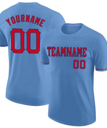 Custom Light Blue Red-Navy Performance T-Shirt, For Football, Baseball, Hockey, Basketball, Softball & Rugby Fans