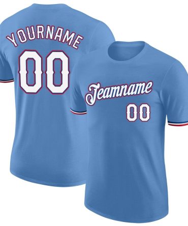 Custom Light Blue White-Red Performance T-Shirt, For Football, Baseball, Hockey, Basketball, Softball & Rugby Fans