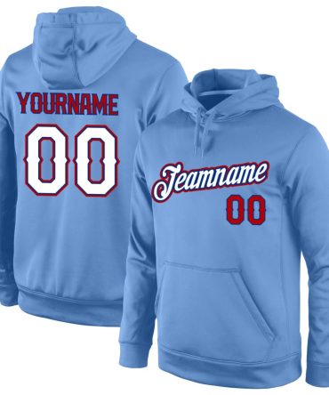 Custom Light Blue White-Red Sports Pullover Sweatshirt Hoodie, Gift For Football, Baseball, Hockey, Basketball, Softball & Rugby Fans