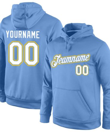 Custom Light Blue White-Gold Sports Pullover Sweatshirt Hoodie, Gift For Football, Baseball, Hockey, Basketball, Softball & Rugby Fans