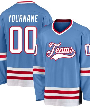 Custom Light Blue White-Red Hockey Jersey, Gift For Hockey Fans