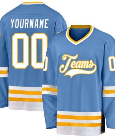 Custom Light Blue White-Gold Hockey Jersey, Gift For Hockey Fans