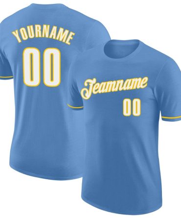Custom Light Blue White-Gold Performance T-Shirt, For Football, Baseball, Hockey, Basketball, Softball & Rugby Fans