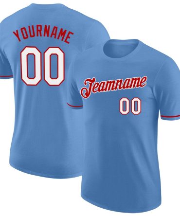 Custom Light Blue White-Red Performance T-Shirt, For Football, Baseball, Hockey, Basketball, Softball & Rugby Fans
