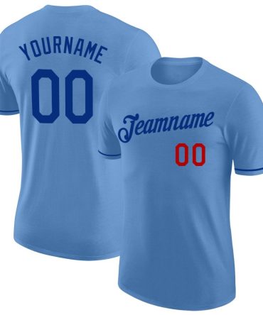 Custom Light Blue Royal-Red Performance T-Shirt, For Football, Baseball, Hockey, Basketball, Softball & Rugby Fans
